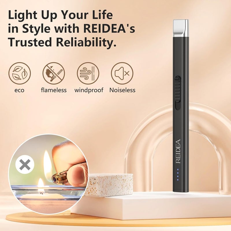 REIDEA ولاعة كهربائية هدية لعشاق الشموع، مقاومة للرياح، بدون لهب، قابلة لإعادة الشحن عبر USB، ولاعة قابلة للسحب مع زر أمان ومؤشر طاقة للشموع والشواء والألعاب النارية، R1 مسطحة، سوداء أوبسيديان - Image 3